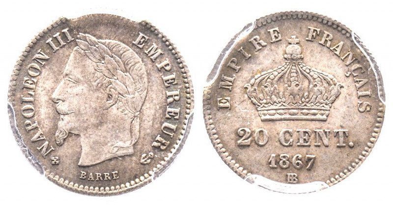 France. Second Empire 1852-1870
20 centimes, Strasbourg, 1867 BB, AG 1 g.
Ref : ...