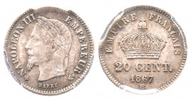 France. Second Empire 1852-1870
20 centimes, Strasbourg, 1867 BB, AG 1 g.
Ref : G.308
Conservation : PCGS MS 66