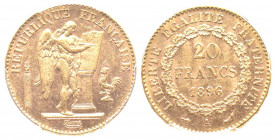 France. IIIe République 1870-1940
20 Francs, Paris, 1896, Torche, AU 6.45 g.
Ref : G. 1063, Fr. 533
Conservation : PCGS MS 62+. Rare