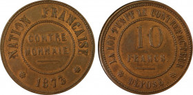 France. IIIe République, 10 francs contre-monnaie, 1873, Cu, 4.44g.
Ref : Maz.2332 (R1)
Conservation : PCGS MS 63 RB