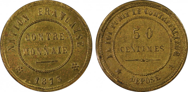 France. IIIe République, 50 centimes contre-monnaie, 1873, Laiton, 2.47g.
Ref : ...