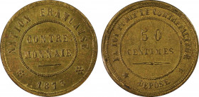 France. IIIe République, 50 centimes contre-monnaie, 1873, Laiton, 2.47g.
Ref : Maz.2334 (R1)
Conservation : PCGS MS 63