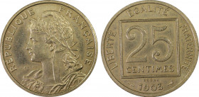 France. IIIe République, Essai de 25 centimes Patey sans different, Paris, 1903, Ni 7 g.
Ref : Maz 2134
Conservation : PCGS SP64. Très Rare