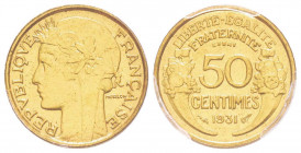 France. IIIe République 1870-1940
Essai de 50 centimes Morlon, 1931, Br-Al 2.04 g.
Ref : G.423, GEM 84.1, Maz.2590 (R1)
Conservation : PCGS SP 64