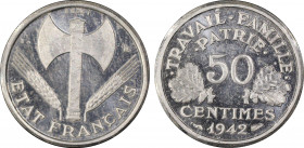 France. Etat Français, Piéfort de 50 centimes Bazor, 1942, Aluminium 1.54 g.
Ref : GEM 86.5, Maz.2668a (R3)
Conservation : PCGS SP 65