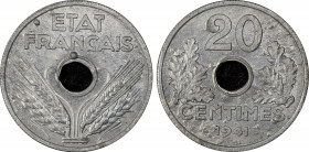 France. Etat Français, Essai de 20 centimes, 1941, Zinc 
Ref : GEM 52.5, Gadoury (1989) 321, Maz.2670 (R3) 
Conservation : PCGS SP 64. Très Rare