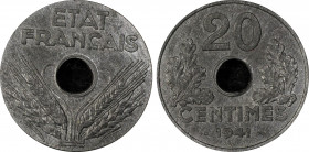 France. Etat Français, Piéfort de 20 centimes type 20, 1941, Zn 7.16 g.
Ref : GEM 52.EP, Gadoury (1989) 321, Maz 2670a (R3)
Conservation : PCGS SP 63...