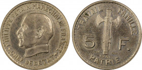 France. Etat Français, 1940-1944
Essai de 5 Francs Maréchal Pétain type définitif, Paris, 1941, Fer Nickelé 3.46 g.
Ref : G.764, GEM 142.60
Conservati...