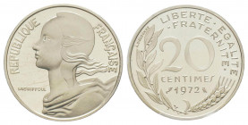 France. Cinquième République 1959 à nos jours
Piéfort argent de 20 centimes Marianne, 1972, AG 10.2 g. 
Ref : GEM 56.P2
Conservation : PCGS SP 67
Quan...