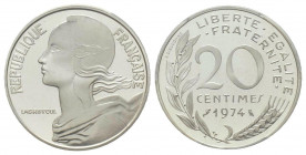 France. Cinquième République 1959 à nos jours
Piéfort argent de 20 centimes Marianne, 1974, AG 10.2 g. 
Ref : GEM 56.P2
Conservation : PCGS SP 67
Quan...