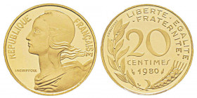France. Cinquième République 1959 à nos jours
Piéfort en or de 20 centimes Marianne, 1980, AU 17.5 g. 920‰
Ref : GEM 56.P3
Conservation : PCGS SP 67
Q...