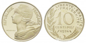 France. Cinquième République 1959 à nos jours
Piéfort argent de 10 centimes Marianne, 1974, AG 7.6 g. 
Ref : GEM 46.P2
Conservation : PCGS SP 67
Quant...