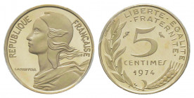 France. Cinquième République 1959 à nos jours
Piéfort en argent de 5 centimes Marianne, 1974, AG 5 g. 
Ref : GEM 22.P2
Conservation : PCGS SP 68
Quant...