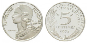 France. Cinquième République 1959 à nos jours
Piéfort en argent de 5 centimes Marianne, 1975, AG 5 g. 
Ref : GEM 22.P2
Conservation : PCGS SP 68
Quant...