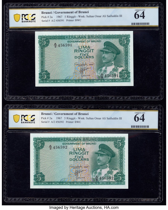 Brunei Government of Brunei 5 Ringgit 1967 Pick 2a KNB2 Two Consecutive Examples...