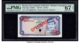 Brunei Government of Brunei 1 Ringgit 1988 Pick 6pd KNB6S Printer's Design Specimen PMG Superb Gem Unc 67 EPQ. Red Specimen & TDLR overprints along wi...