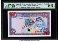 Brunei Government of Brunei 100 Ringgit 1988 Pick 10pd KNB10 Printer's Design Specimen PMG Gem Uncirculated 66 EPQ. Red Specimen & TDLR overprints alo...