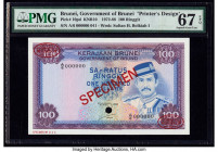 Brunei Government of Brunei 100 Ringgit 1988 Pick 10pd KNB10 Printer's Design Specimen PMG Superb Gem Unc 67 EPQ. Red Specimen & TDLR overprints along...