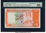 Brunei Government of Brunei 500 Ringgit ND (1979-87) Pick 11s Specimen PMG Gem Uncirculated 66 EPQ. Red Specimen overprints and one POC.

HID098012420...