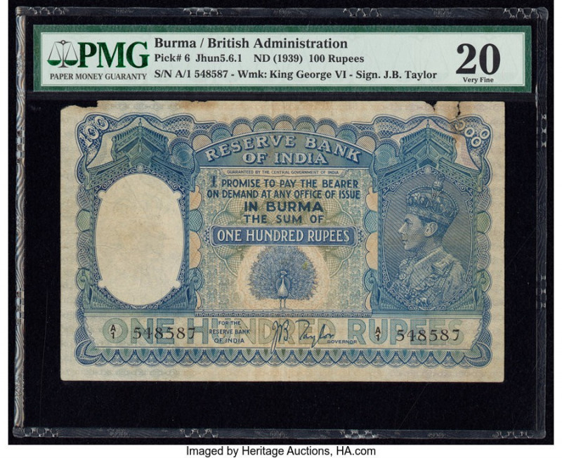 Burma Reserve Bank of India 100 Rupees ND (1939) Pick 6 Jhunjhunwalla-Razack 5.6...