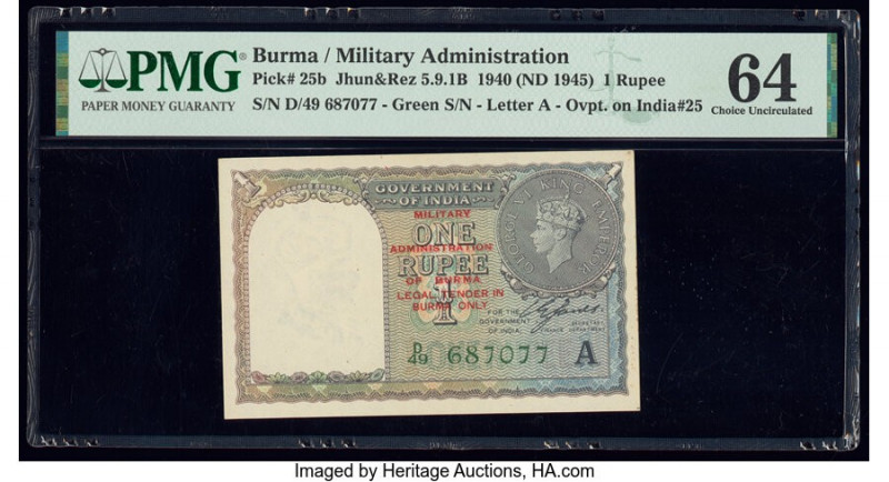 Burma Military Administration 1 Rupee 1940 (ND 1945) Pick 25b Jhunjhunwalla-Raza...