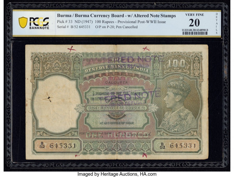 Burma Currency Board 100 Rupees ND (1947) Pick 33 Jhunjhunwalla-Razack 5.16.1 Al...