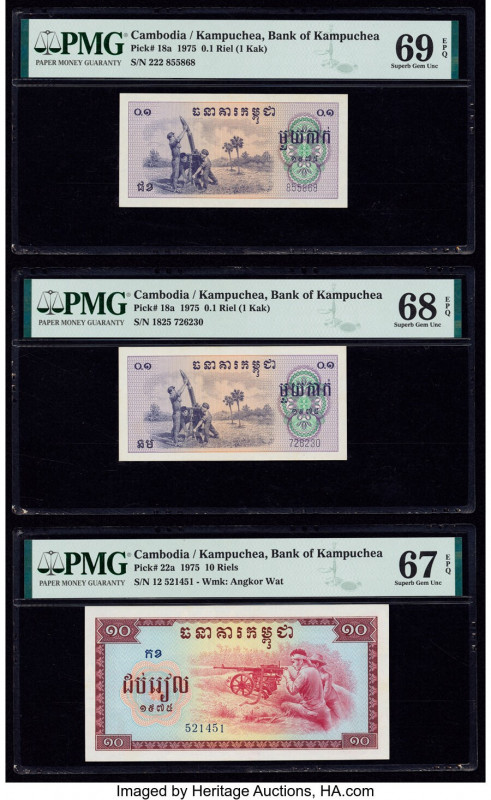Cambodia Bank of Kampuchea 0.1 Riel (2); 10 Riels 1975 Pick 18a (2); 22a Three E...