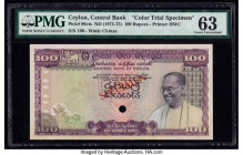 Ceylon Central Bank of Ceylon 100 Rupees ND (1971-75) Pick 80cts Color Trial Specimen PMG Choice Uncirculated 63. Red Specimen overprints, one POC and...