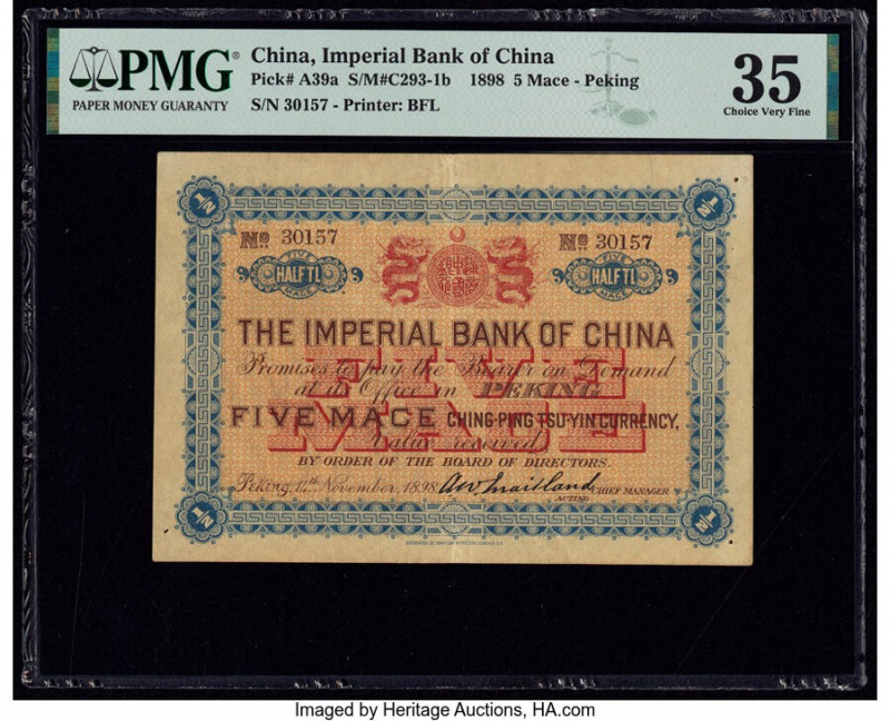 China Imperial Bank of China, Peking 5 Mace 1898 Pick A39a S/M#C293-1b PMG Choic...