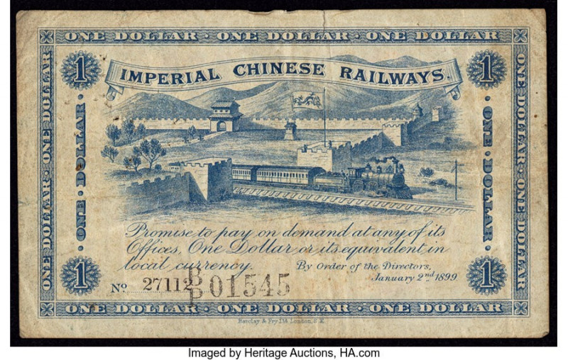 China Imperial Chinese Railways, Shanghai 1 Dollar 2.1.1899 Pick A59 S/M#S13-1 F...