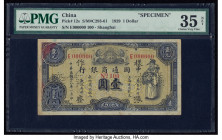 China Commercial Bank of China, Shanghai 1 Dollar 1929 Pick 12s S/M#C293-61 Specimen PMG Choice Very Fine 35 Net. Roulette punch, repaired, annotation...