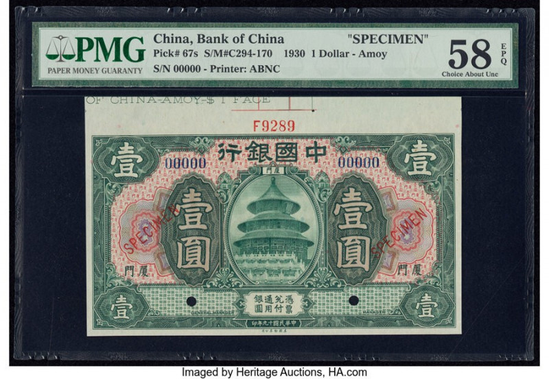 China Bank of China, Amoy 1 Dollar 10.1930 Pick 67s S/M#C294-170 Specimen PMG Ch...