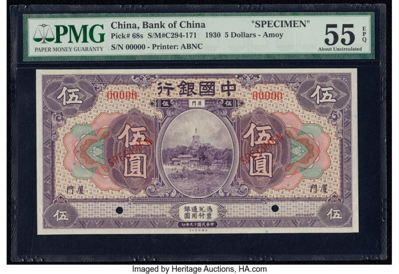 China Bank of China, Amoy 5 Dollars 10.1930 Pick 68s S/M#C294-171 Specimen PMG A...