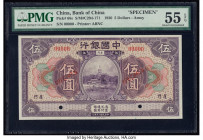 China Bank of China, Amoy 5 Dollars 10.1930 Pick 68s S/M#C294-171 Specimen PMG About Uncirculated 55 EPQ. Red Specimen overprints and two POCs are vis...