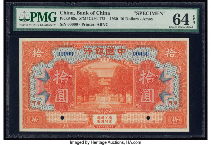 China Bank of China, Amoy 10 Dollars 10.1930 Pick 69s S/M#C294-172 Specimen PMG ...