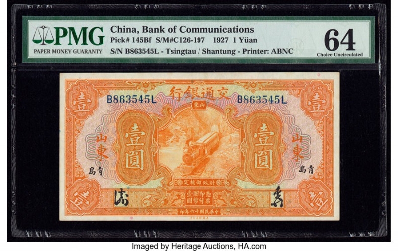 China Bank of Communications, Tsingtau-Shantung 1 Yuan 1927 Pick 145Bf PMG Choic...