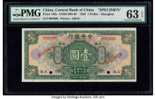 China Central Bank of China, Shanghai 1 Dollar 1928 Pick 195s S/MC300-40 Specimen PMG Choice Uncirculated 63 EPQ. Red Specimen overprints and two POCs...