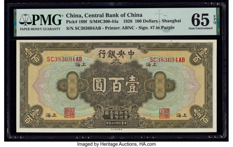 China Central Bank of China 100 Dollars 1928 Pick 199f PMG Gem Uncirculated 65 E...
