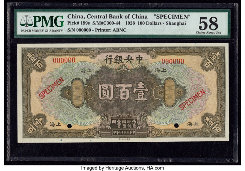 China Central Bank of China, Shanghai 100 Dollars 1928 Pick 199s Specimen PMG Ch...
