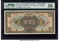 China Central Bank of China, Shanghai 100 Dollars 1928 Pick 199s Specimen PMG Choice About Unc 58. Red Specimen overprint, two POCs and pencil marking...