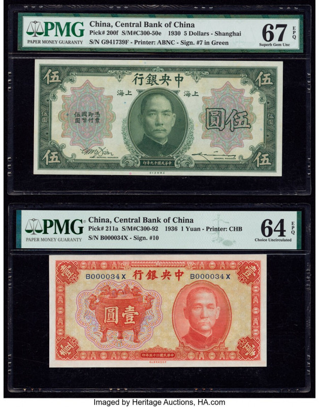 China Central Bank of China, Shanghai 5 Dollars; 1 Yuan 1930; 1936 Pick 200f; 21...