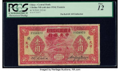 China Central Bank of China, Tientsin 1 Yuan ND (old date 1934) Pick 205Ab S/M#C300-60 PCGS Fine 12. Edge damage and pieces replaced at right are note...