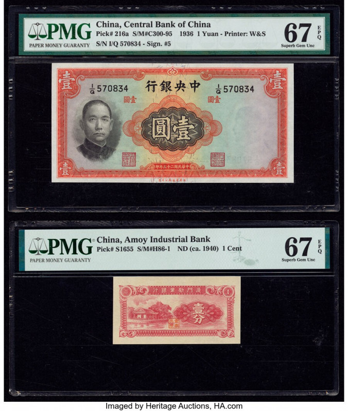 China Central Bank of China; Amoy Industrial Bank 1 Yuan; 1 Cent 1936; ND (ca. 1...