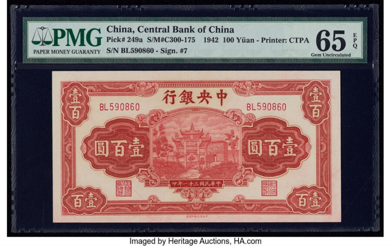 China Central Bank of China 100 Yuan 1942 Pick 249a S/M#C300-175 PMG Gem Uncircu...