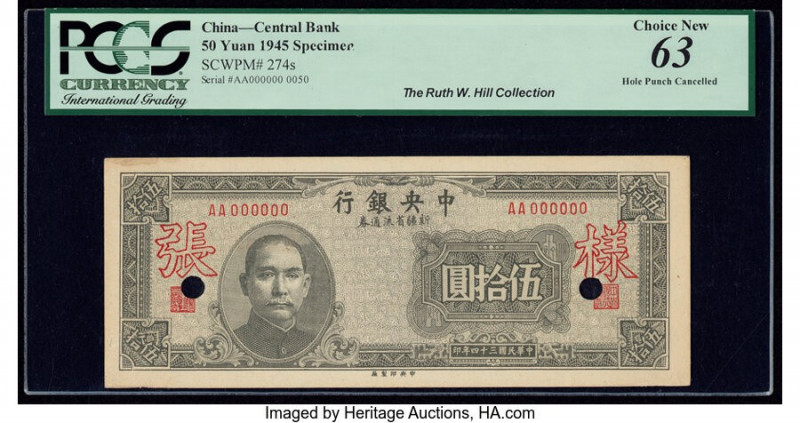 China Central Bank of China 50 Yuan 1945 Pick 274s Specimen PCGS Choice New 63. ...