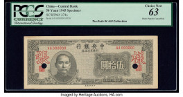 China Central Bank of China 50 Yuan 1945 Pick 274s Specimen PCGS Choice New 63. Hole punch cancelled, minor paper scuffs from mounting on back, and a ...