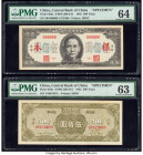 China Central Bank of China 500 Yuan 1945 Pick 283s Front and Back Specimen PMG Choice Uncirculated 64; Choice Uncirculated 63. Staining is mentioned ...