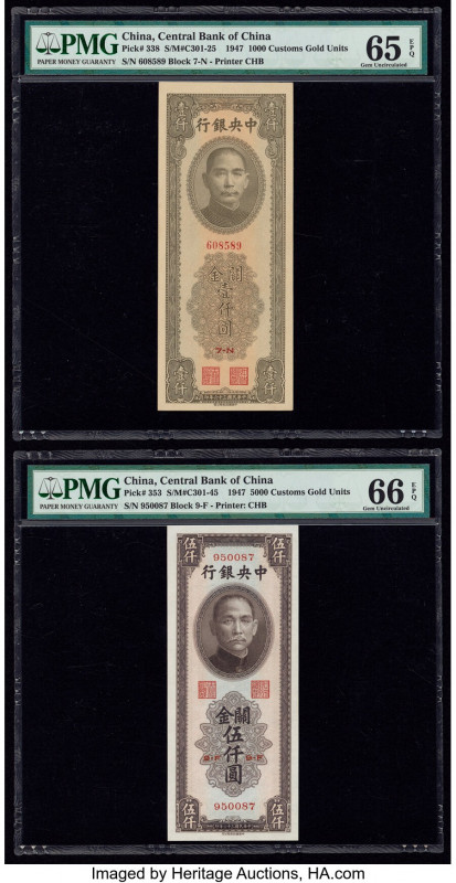 China Central Bank of China 1000; 5000 Customs Gold Units 1947 Pick 338; 353 Two...