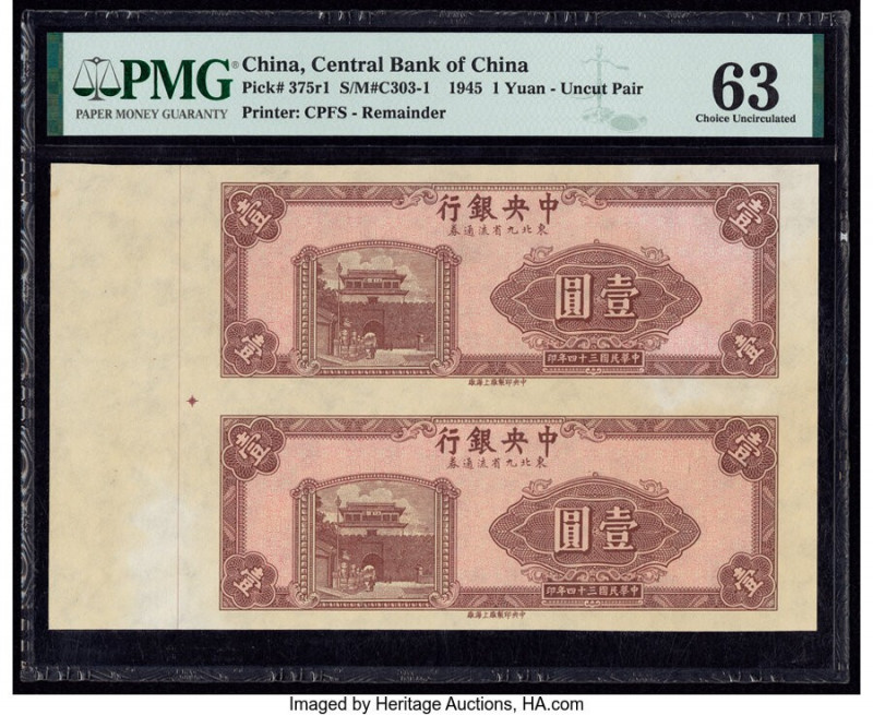 China Central Bank of China 1 Yuan 1945 Pick 375r S/M#C303-1 Uncut Pair of Remai...