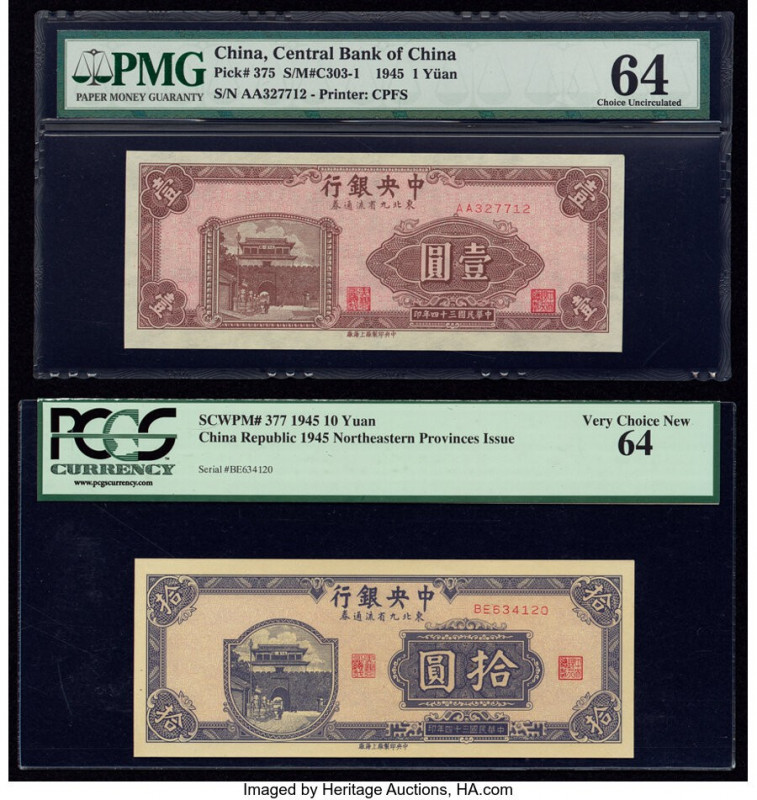 China Central Bank of China 1; 10 Yuan 1945 Pick 375; 377 Two Examples PMG Choic...